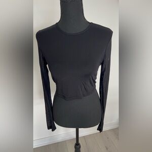 Black Long Sleeve Sheer Panel Crop Top